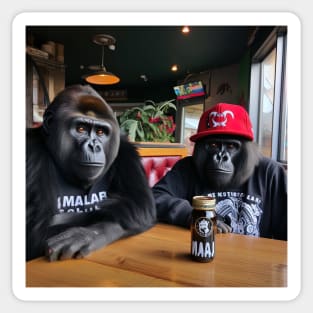 two gorillas enjoying beer in bar Sticker